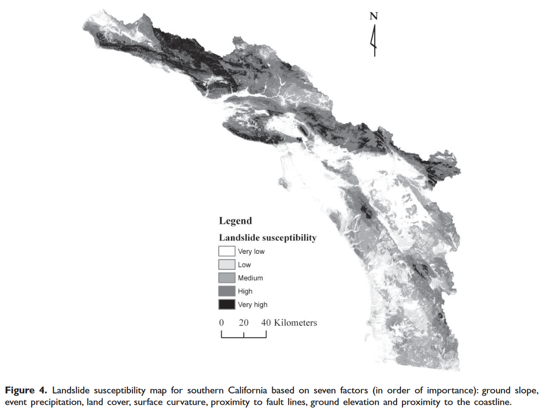 landslide susceptibility map for southern cal based on 7 factors